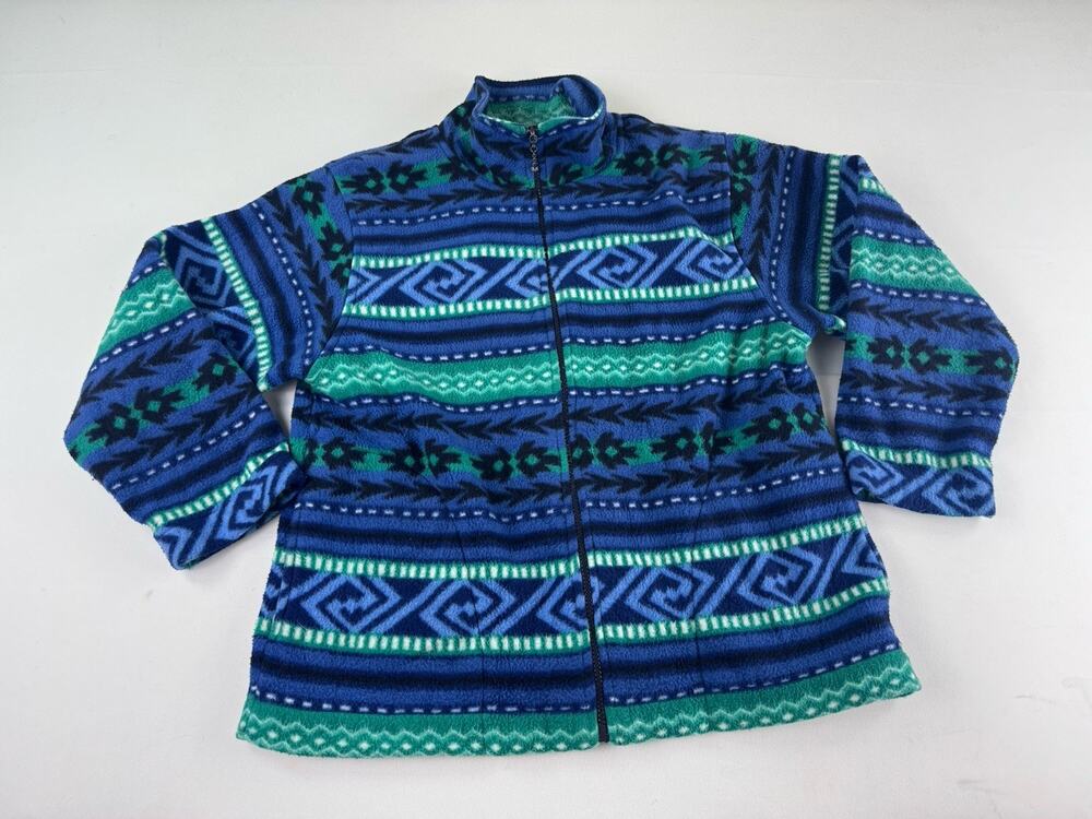 Alfred Dunner Petite PM Blue Green Aztec Fleece Full Zip Jacket